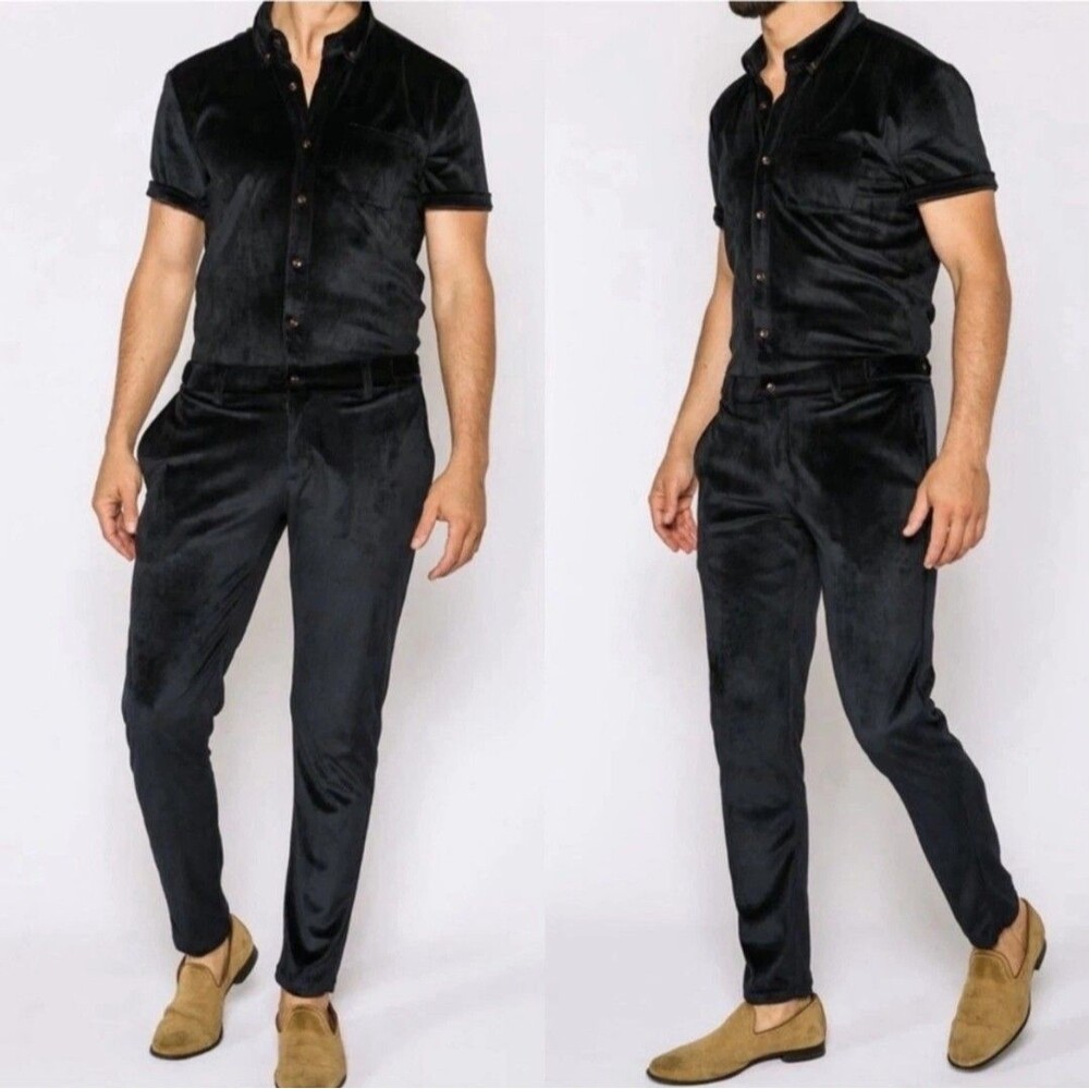 NEW WITH TAGS MENS Romper Jack Velour Velvet Black Jumpsuit LARGE